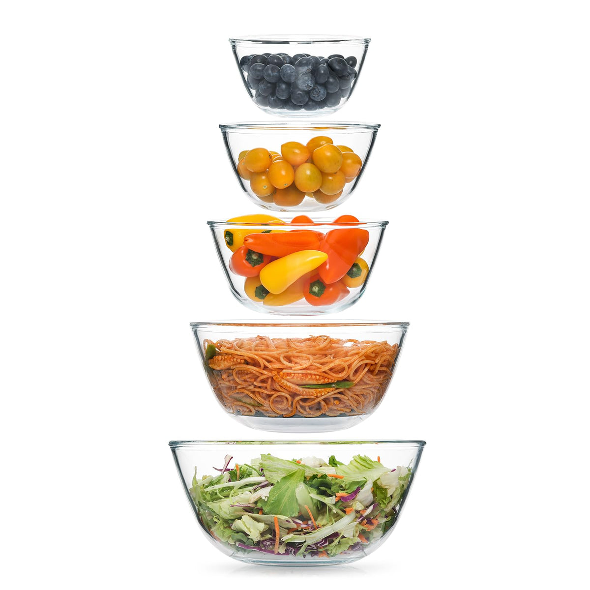 5pc Glass Mixing Bowls Sets (4.65QT, 2.80QT, 1.64QT, 1.16QT, 0.85QT), Glass Nesting Kitchen Thick Bowl for Baking