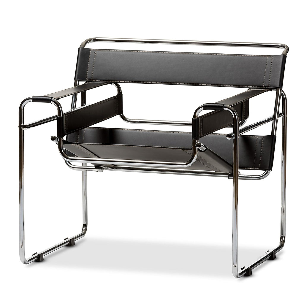 Inspired Wassily Style Mid Centry Modern Accent Chair, Steel Frame and Faux Leather, Wide Seating