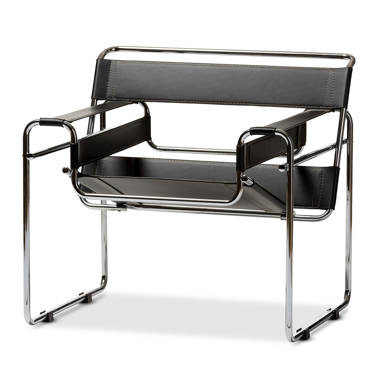 Inspired Wassily Style Mid Centry Modern Accent Chair, Steel Frame and Faux Leather, Wide Seating