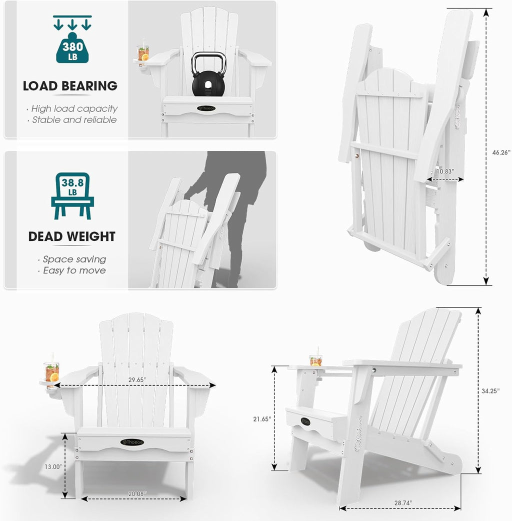Folding Adirondack Chair Set of 2, HDPE Outdoor Chairs, Patio Chairs | All-Weather Fire Pit Chair Set of 2, with Cup