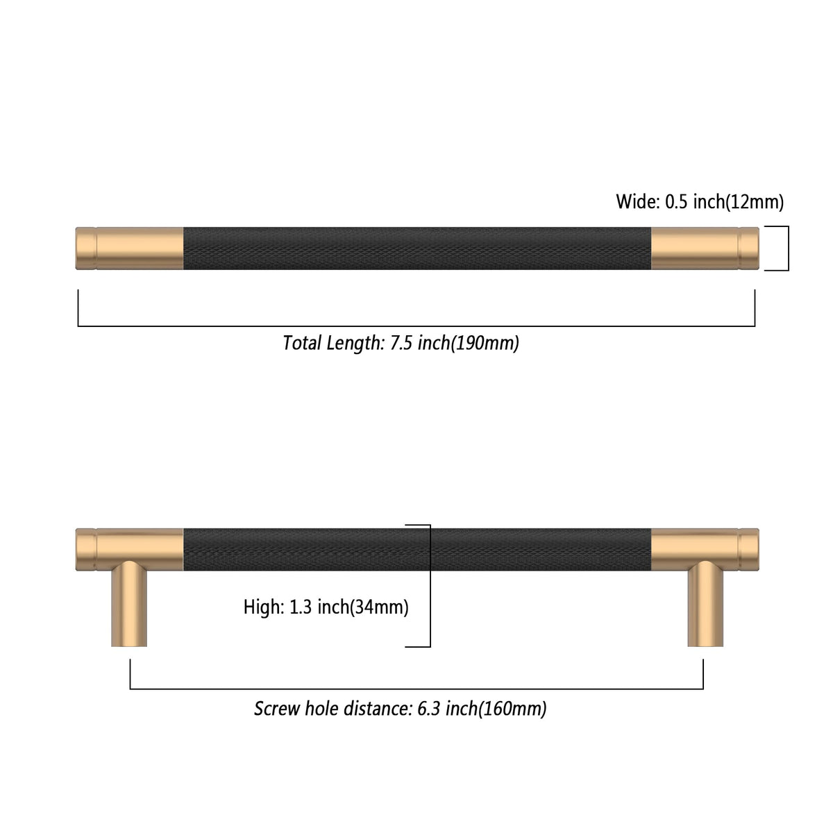 10 Pack 6.3 Inch(160mm) Matte Black and Champagne Bronze Cabinet Pulls Knurled Cabinet Handles Cupboard Handles