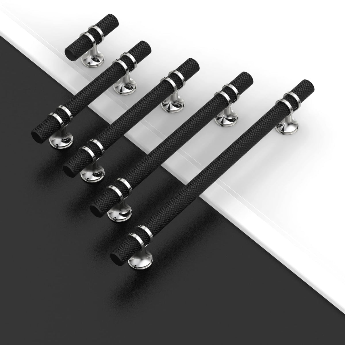 10 Pack 5"(128mm) Black and Silver Knurled Cabinet Handles Kitchen Matte Black Pulls for Cabinets Drawer Pulls
