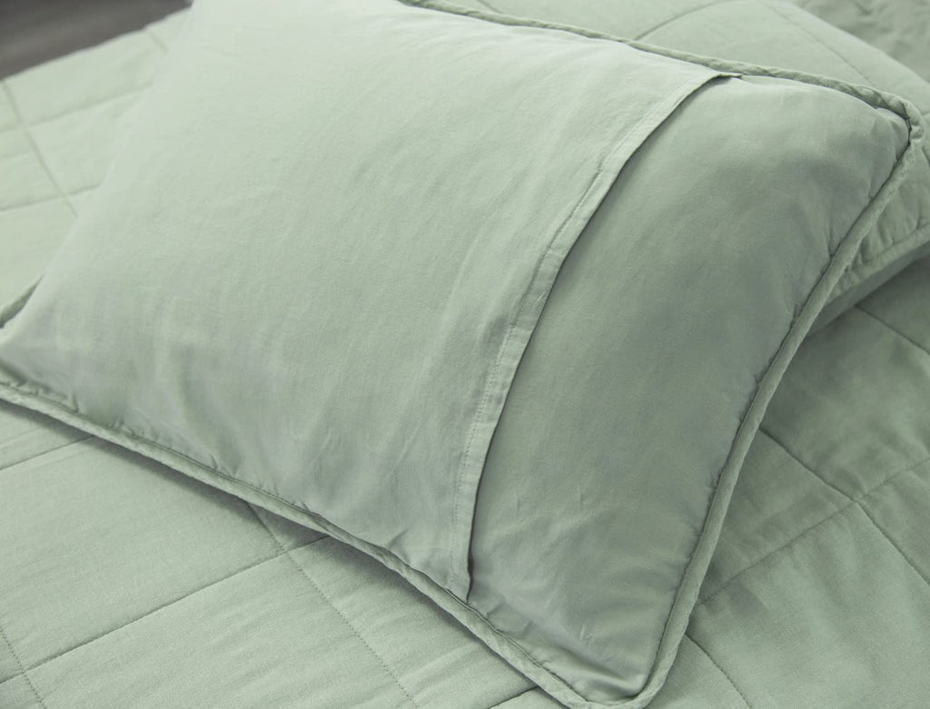 Stonewashed Linen Blend Box Stitch Quilt and Matching Pillow Shams 3pcs Set, Sage Color