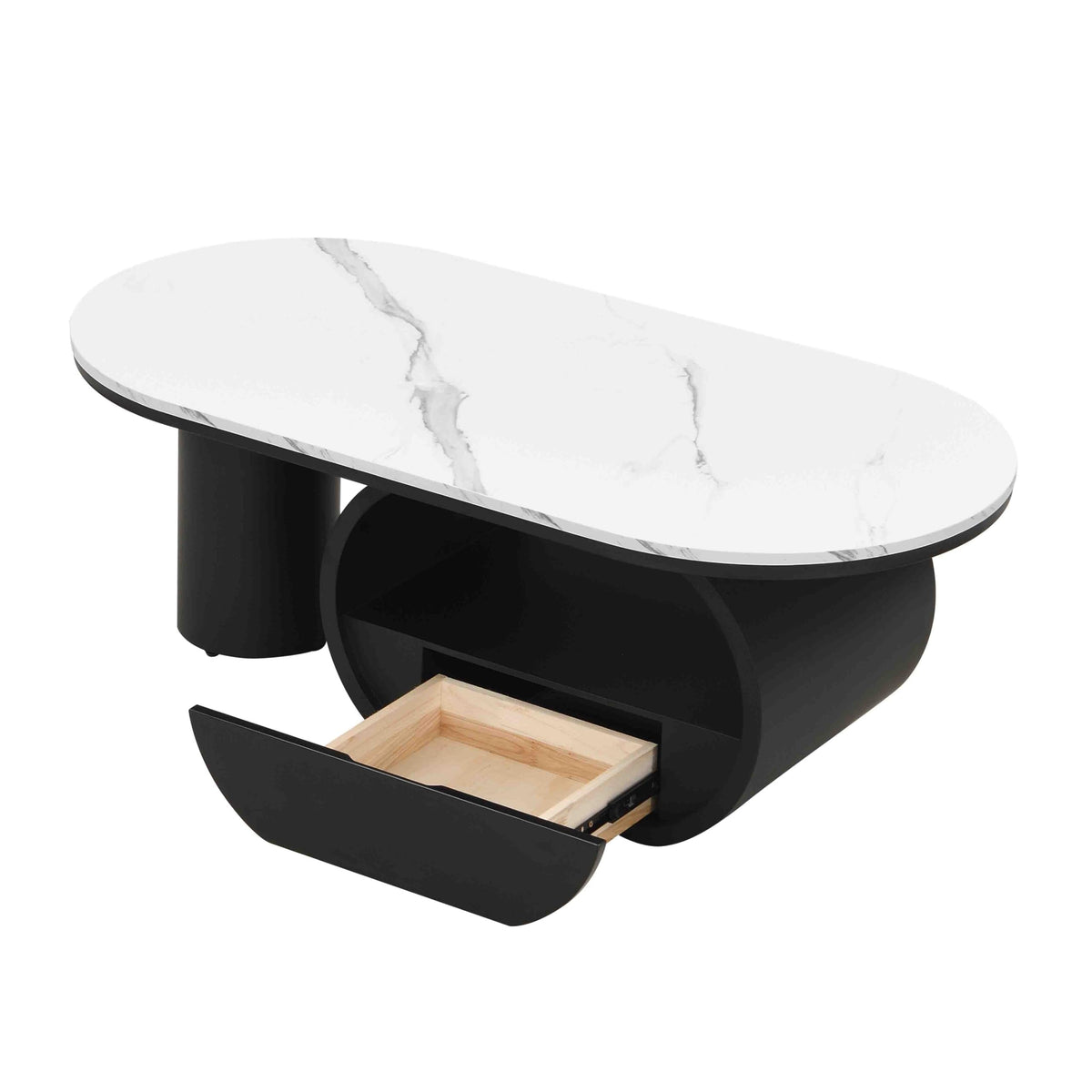 Inspired Saarinen Style Faux Marble Oval Coffee Table with Storage Drawer Pedestal Base