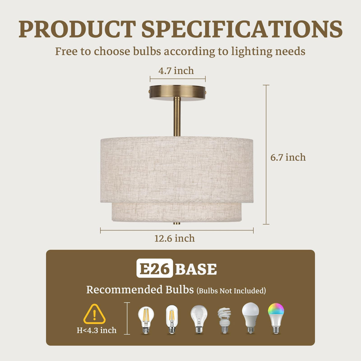 Semi Flush Mount Ceiling Light Fixture, 12.6'' Gold Light Fixtures Ceiling Mount, Modern Close to Ceiling Light with