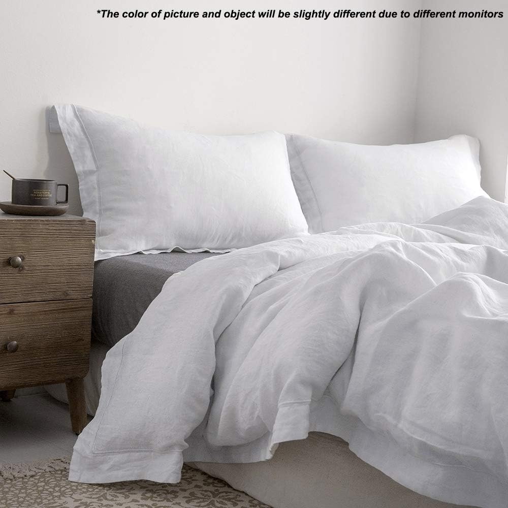 100% Linen Duvet Cover Set with Embroidery Border Washed - 3 Pieces (1 Duvet Cover with 2 Pillow Shams) with Button
