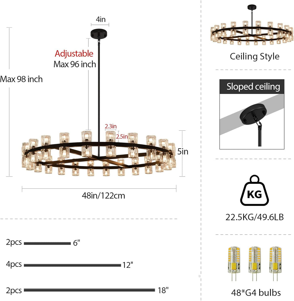Modern Crystal Chandeliers 48in Large Black Round Chandelier, Chandeliers for Dining Room, K9 Crystal Wagon Wheel Chandelier for Living Room,High Ceiling,Foyer,Entryway,Staircase(48xG4 Bulbs Included)