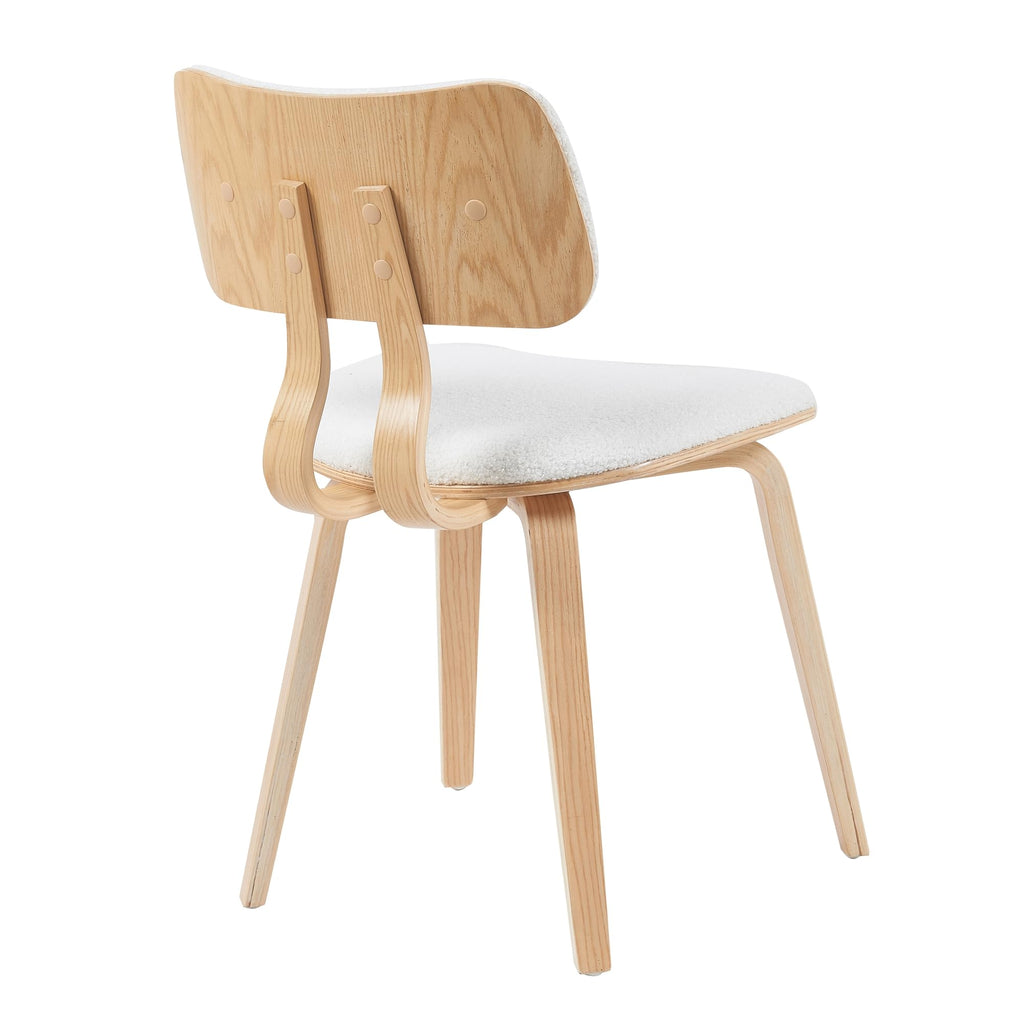 Jaguar Mid-Century Upholstered Dining Chair in White Boucle and Patterned Oak Finish