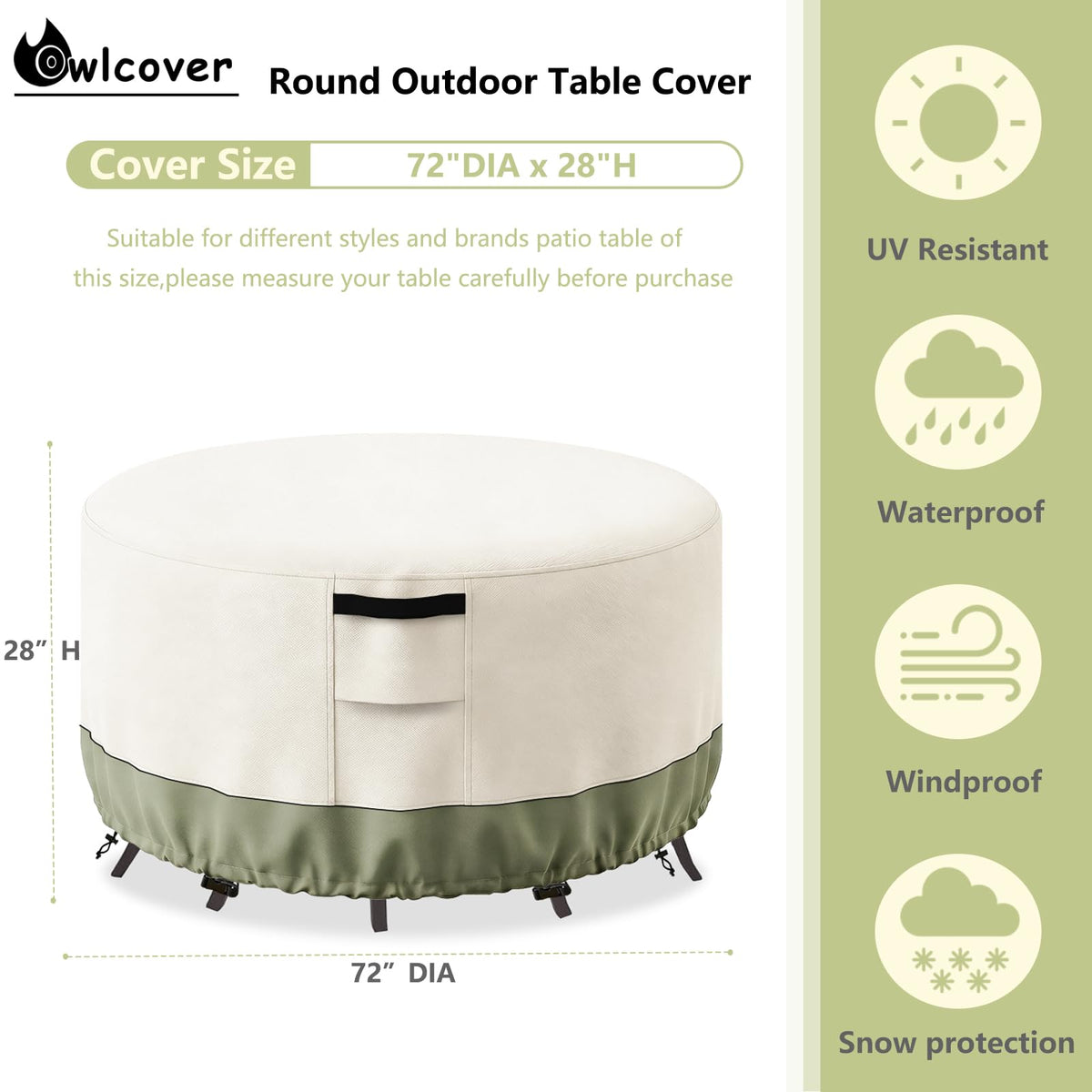 Waterproof Round Patio Table Cover, 72" DIA x 28" H, Beige
