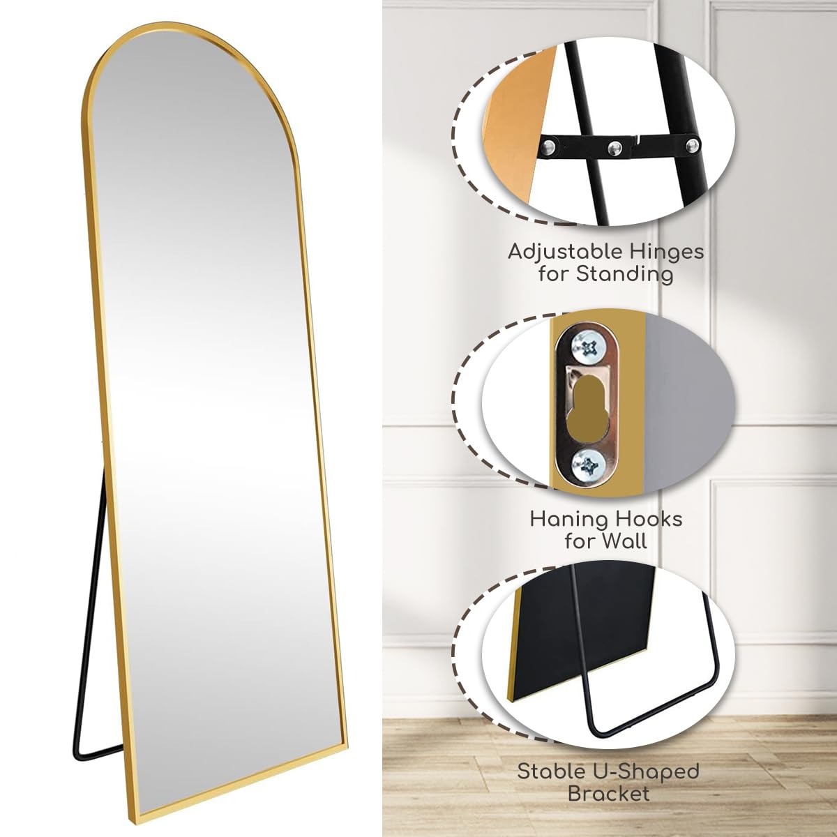 Arched Full Length Mirror, 70"x26" Free Standing Floor Mirror, Gold