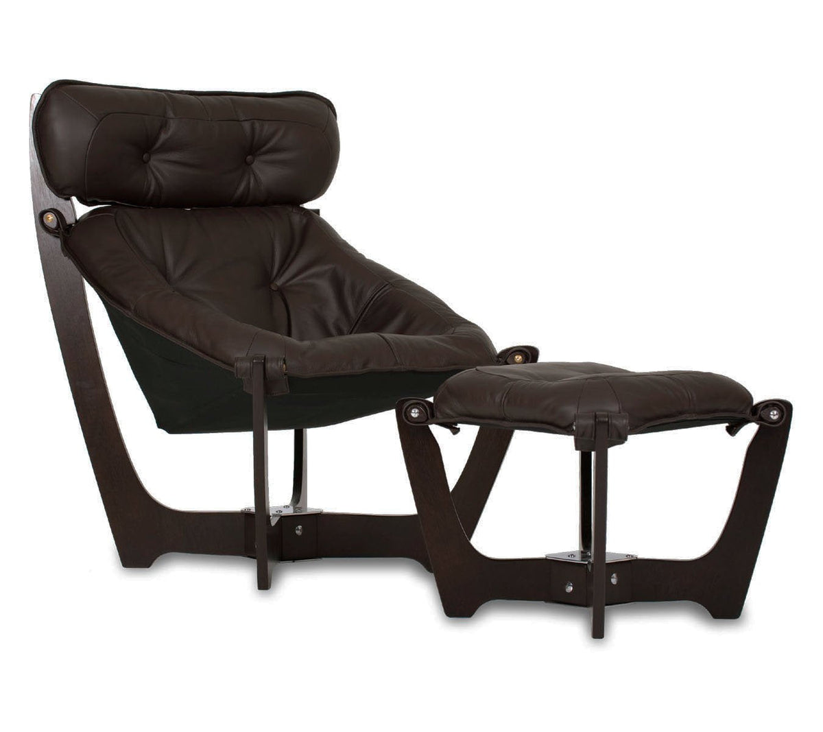 Luna High Back Leather Chair and Ottoman - Espresso Wood Frame (Black Leather)