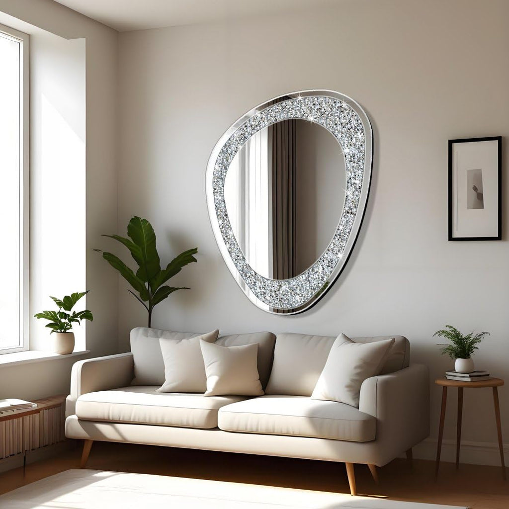 Modern Irregular Shaped Wall Mirror - 32x23.5 Inch Decorative Oval Diamond Decor Mirror