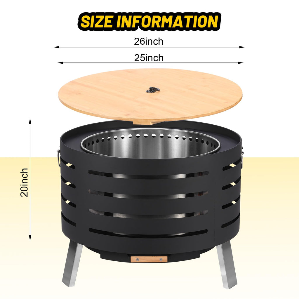26 Inch Smokeless Firepit, Wood Burning Firepit with Fire Poker, Lid, Removable Ash Pan, Waterproof Cover, Modern