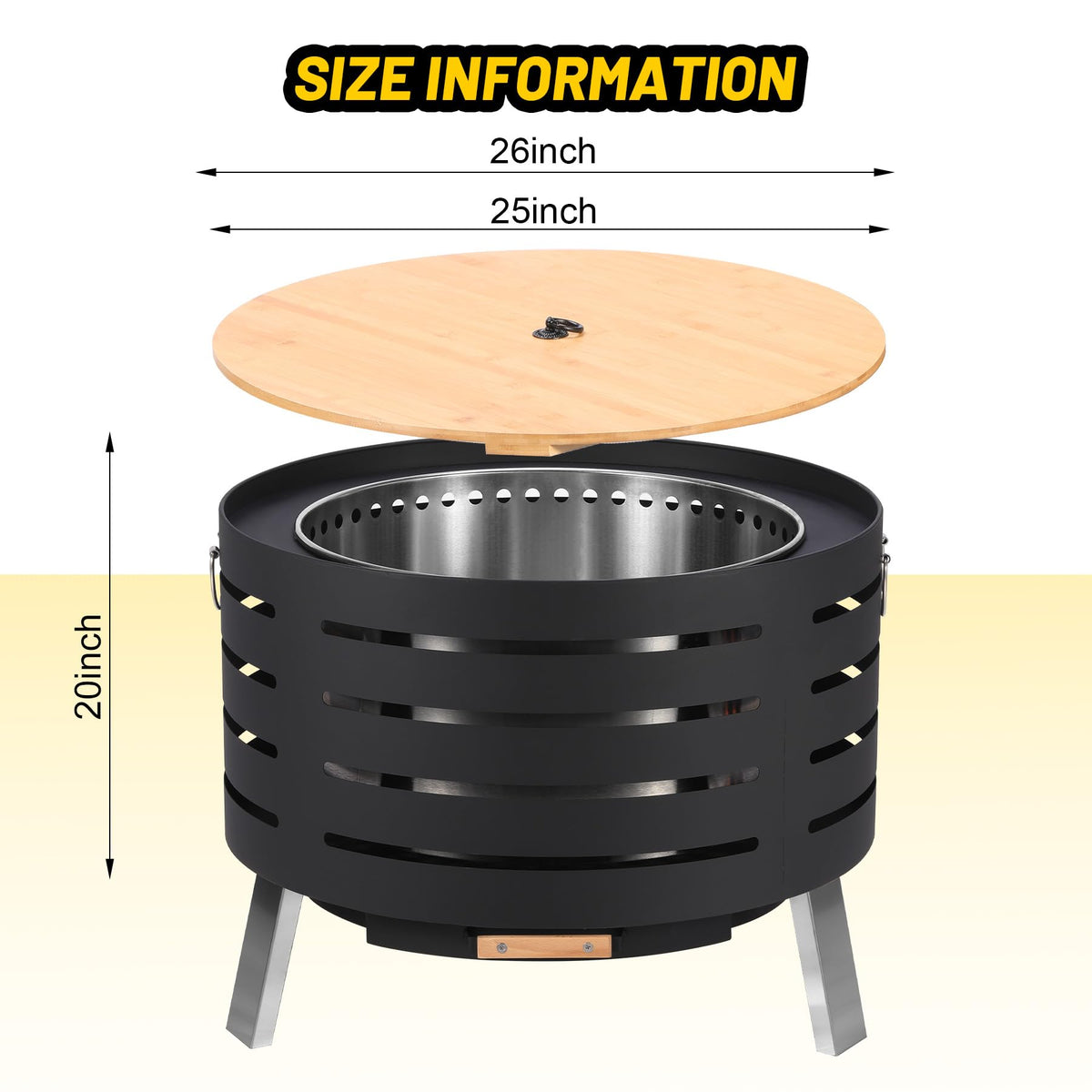 26 Inch Smokeless Firepit, Wood Burning Firepit with Fire Poker, Lid, Removable Ash Pan, Waterproof Cover, Modern