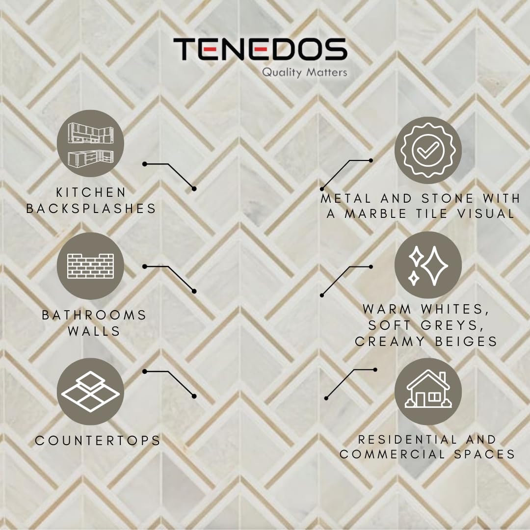 HTC165 Diaspore 10x14 Marble & Brass Mosaic Tile - Waterjet Cut Calacatta Carrara Mix with Gold Metal, Mesh-Mounted