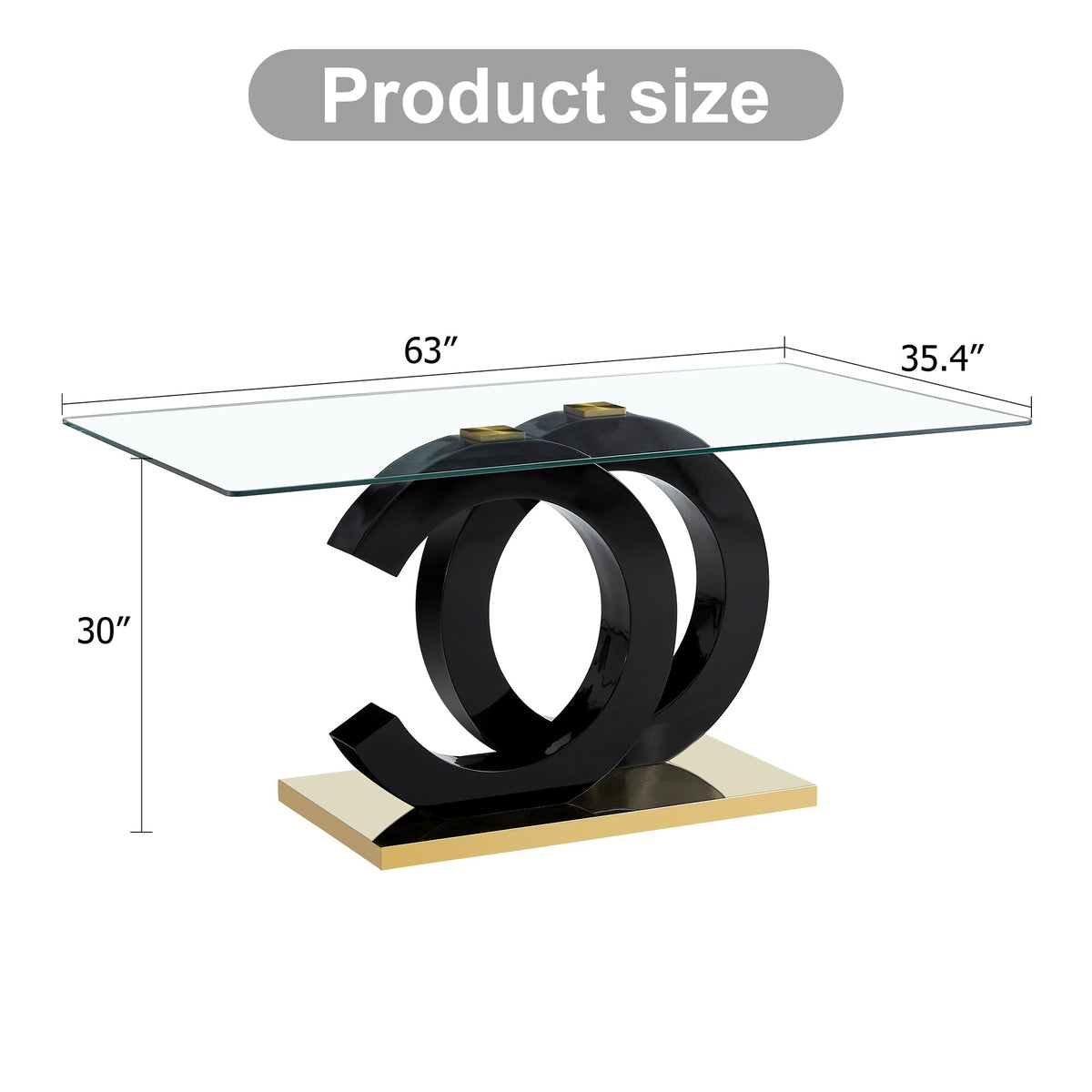 Inspired Saarinen Style 63" Modern Glass Dining Table for 6, Black OC-Shape Pedestal & Gold Base, Rectangular Tempered Glass Kitchen Table