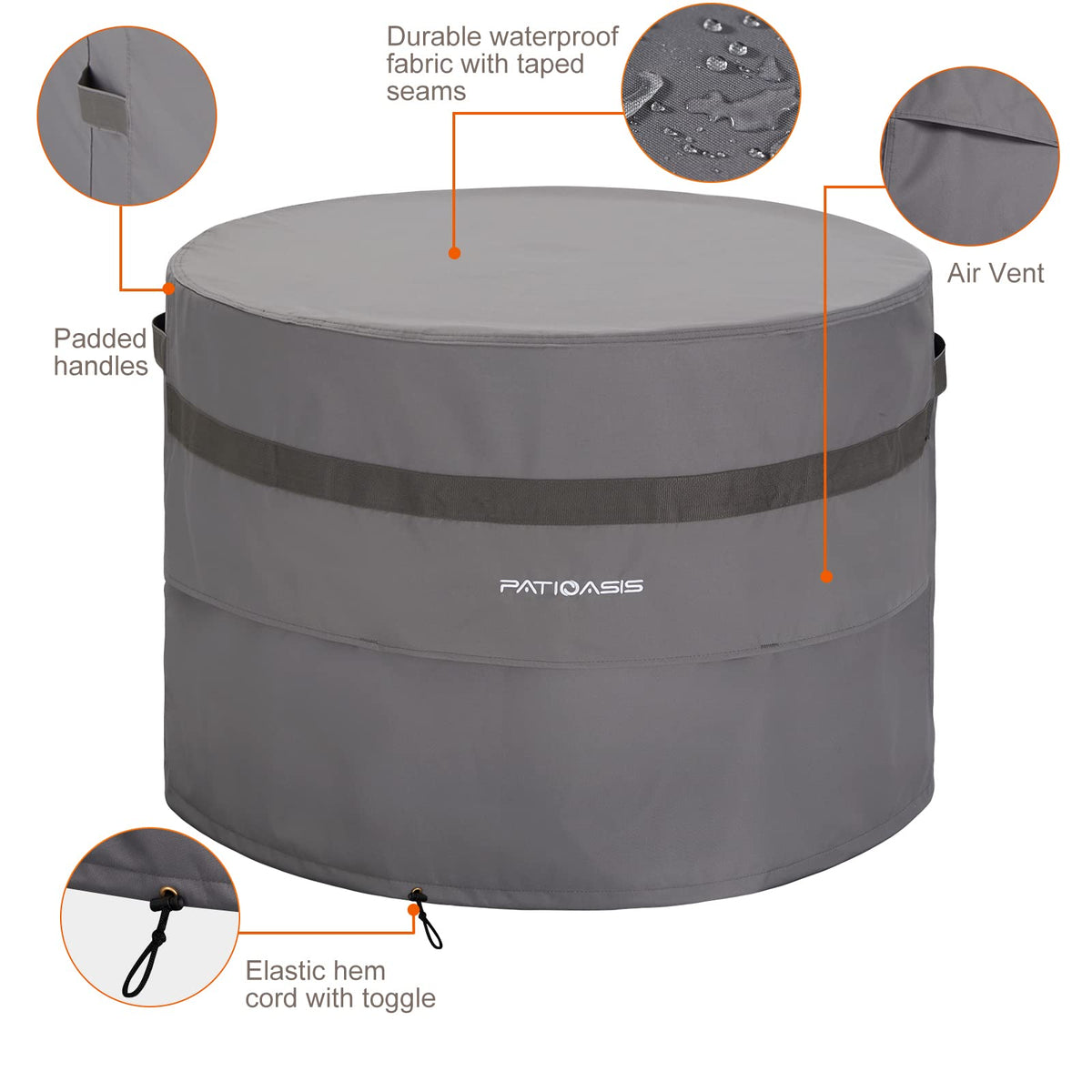 Grey Round Fire Pit Cover Outoor 36 inch Dia Waterproof Patio Deck Propane Fire Bowl Cover 600D Heavy Duty All
