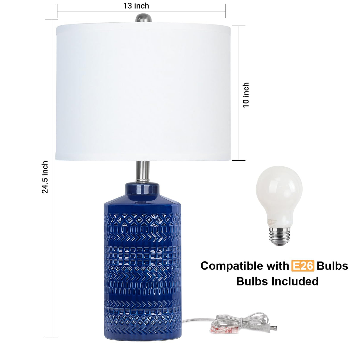 24.5" Navy Blue Table Lamp Modern Bedside Ceramic Lamps 3-Way Dimmable Entryway Nightstand Farmhouse Lamp Bedroom