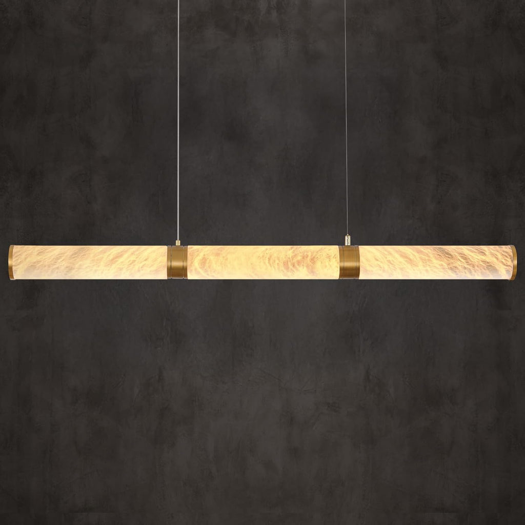 Inspired Alabaster Style Cylinder Alabaster Chandelier, L47 Gold Mrable Chandeliers for Dining Room, Modern Linear Chandelier Over Table, Brass LED Chandeliers for Kitchen Island