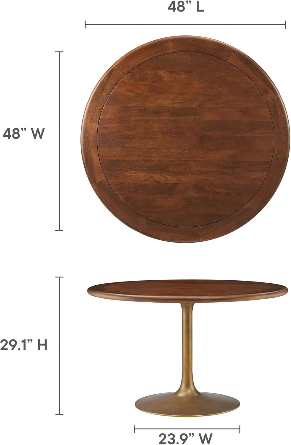 Inspired Saarinen Style Tulip Round Pedestal Dining Table — Brass Base / Walnut Top, 48″ Round