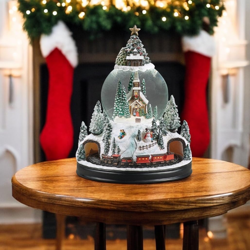 Lighted Musical Snow Globe with Church and Rotating Train - Festive Christmas Village Decoration with Illuminated