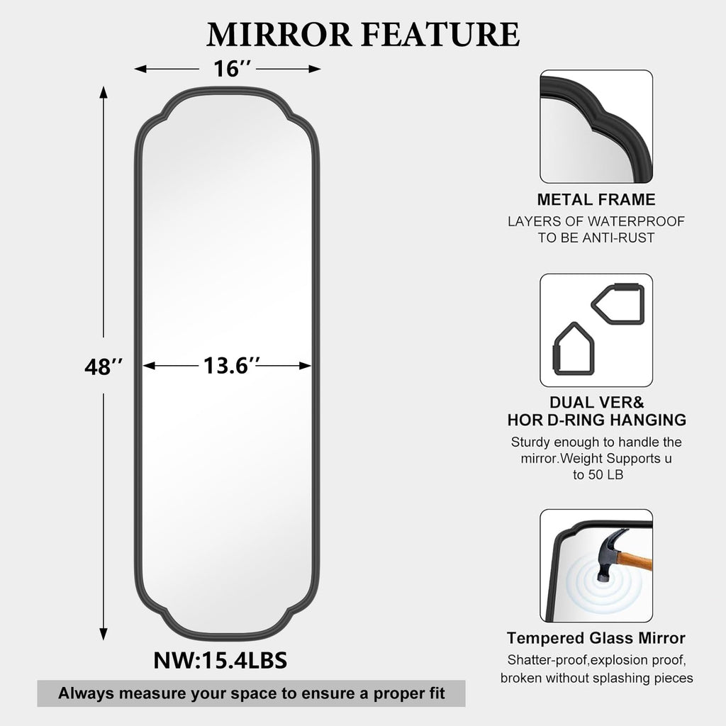 48"x16" Black Door Mirror Full Length Over The Door with Non-Rusting Metal Frame, Modern Full Body Mirror Bedroom