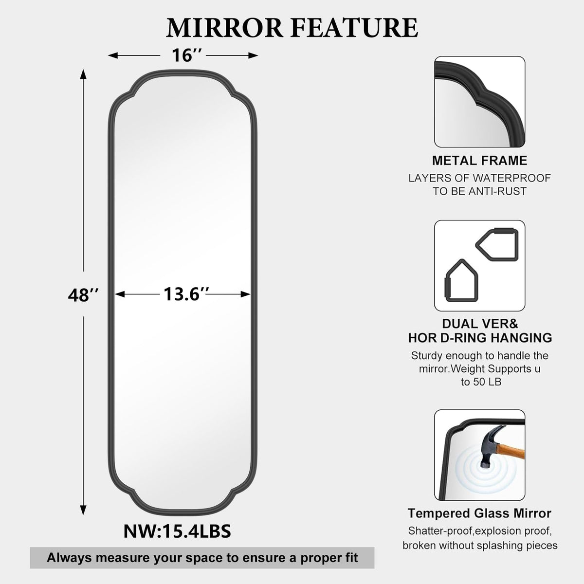 48"x16" Black Door Mirror Full Length Over The Door with Non-Rusting Metal Frame, Modern Full Body Mirror Bedroom