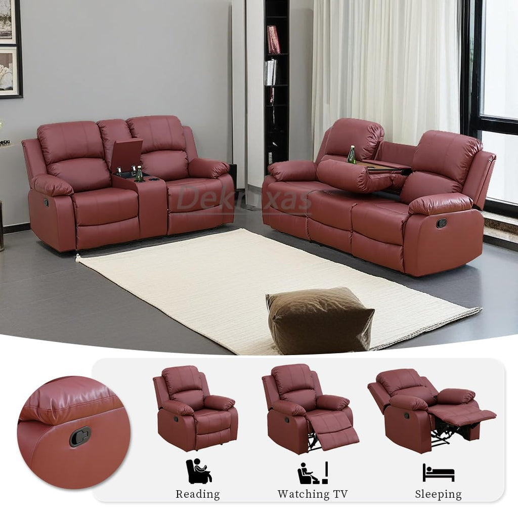 2PCS Manual Recliner Sofa Set Living Room Furniture Sets Bonded Leather Reclining Couch Set Modern Sofa and Loveseat