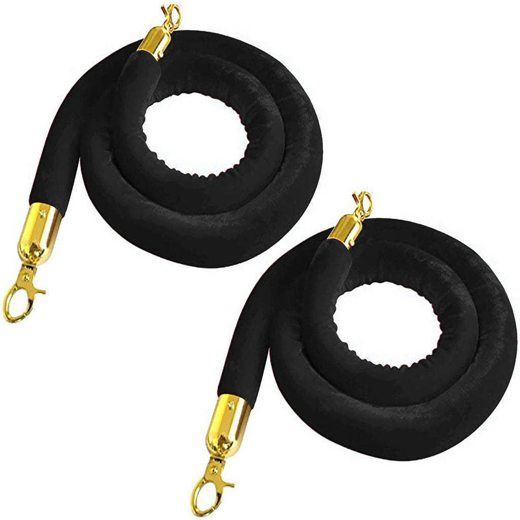 2Pcs Black Velvet Stanchion Rope, 5 Feet Crowd Control Rope Barrier with Gold Plated Hooks for Movie Theater, Queue