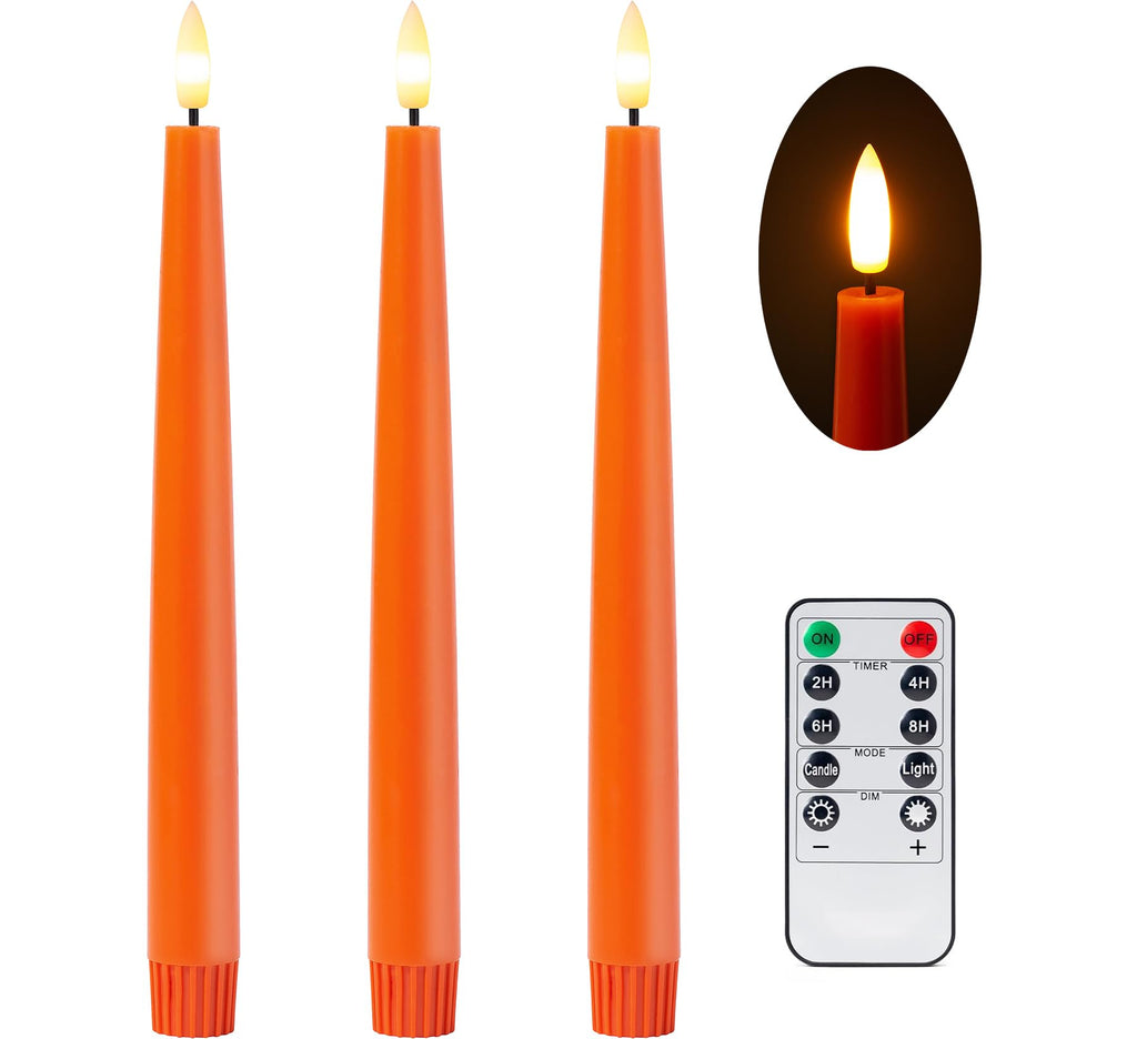 Fall Decor, Orange Flameless Taper Candles with Remote and Timer, Real Wax