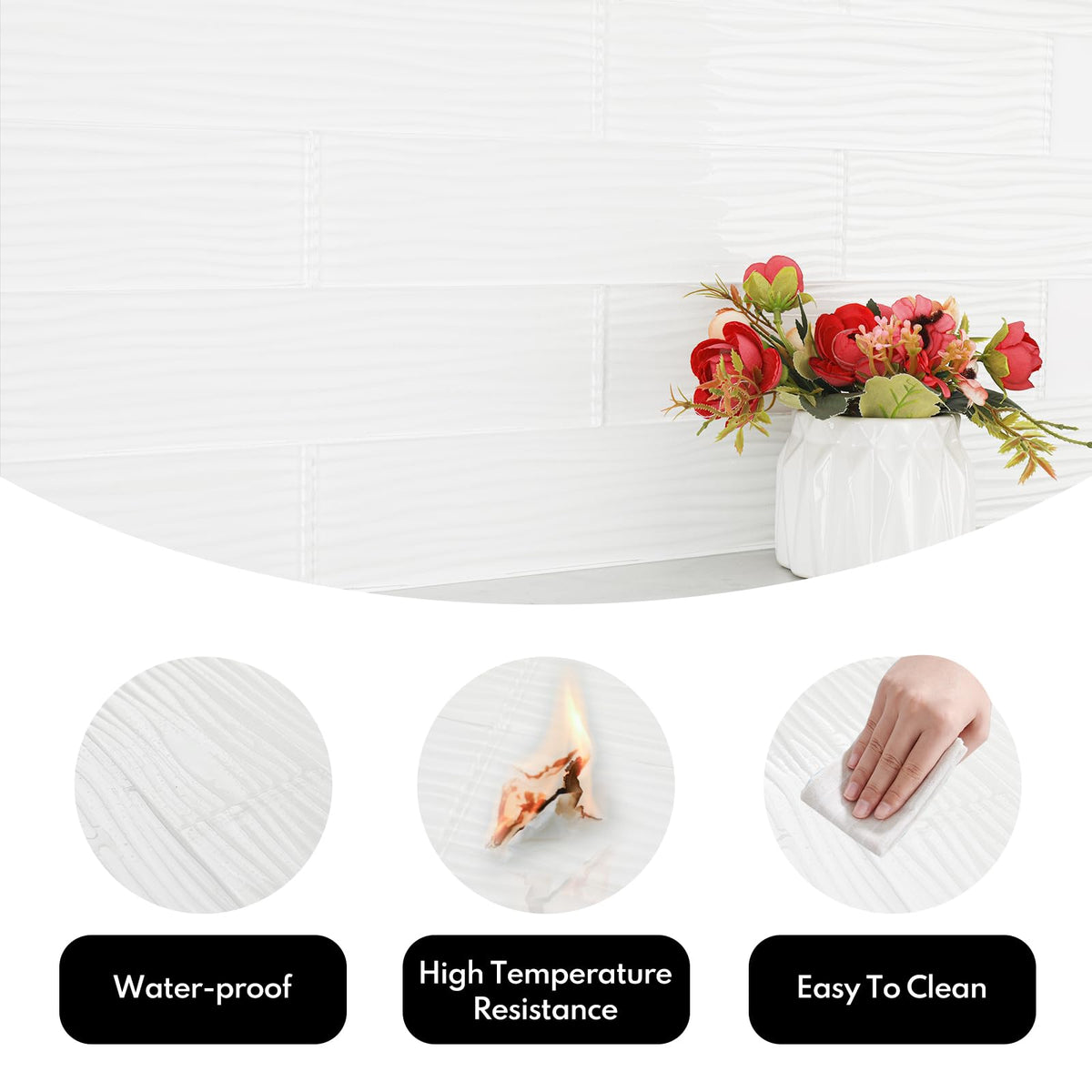 White Glass Subway Tile, Water Wave Glass for Shower Bathroom Kitchen Backsplash Wall, 3 x 12 Inch, 4 Sq.Ft.