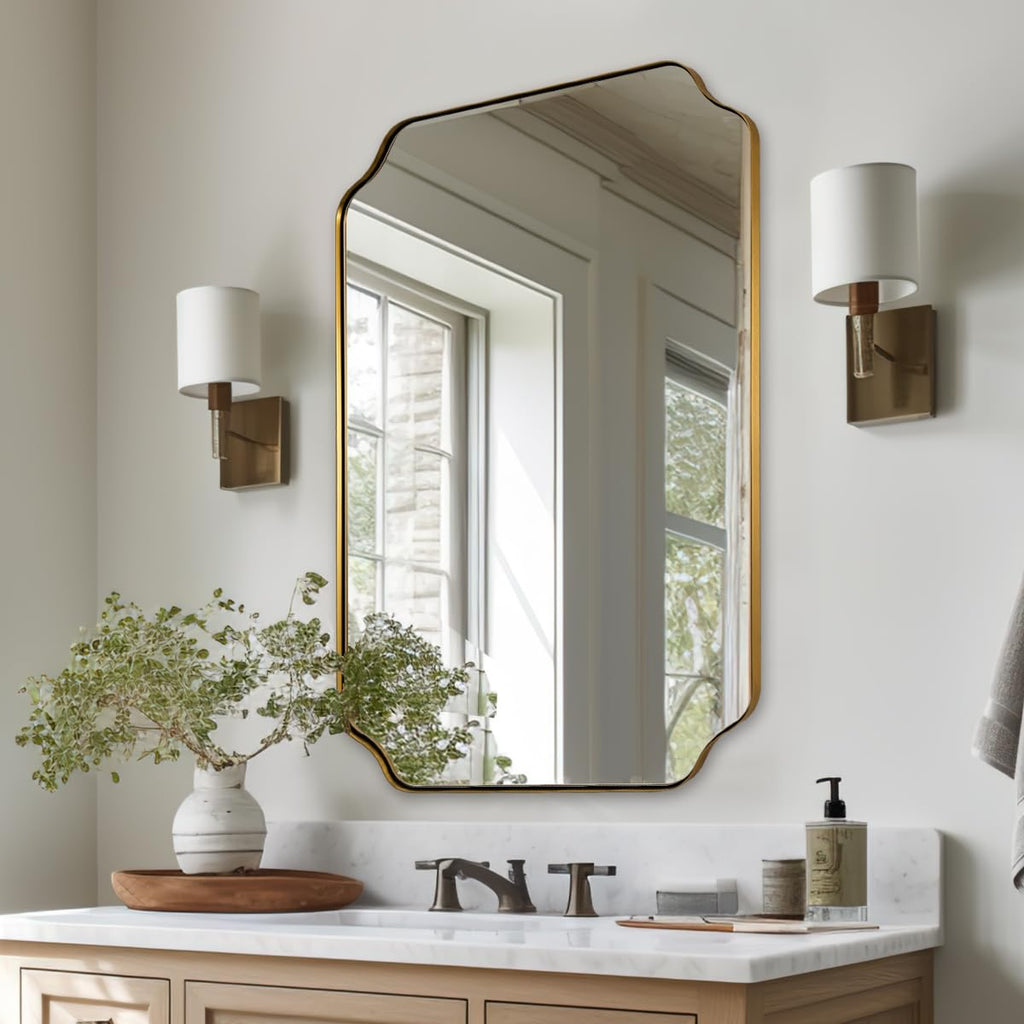 24"x36" Gold Mirror, Brushed Brass Scalloped Wall Mirror, Bathroom Mirror for Vanity, Wall Mirror with Aesthetic