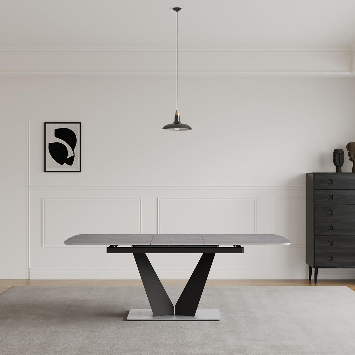 79" Extendable Sintered Stone Dining Table, Modern Rectangular Single Dining Table with V-Shape Carbon Steel Base