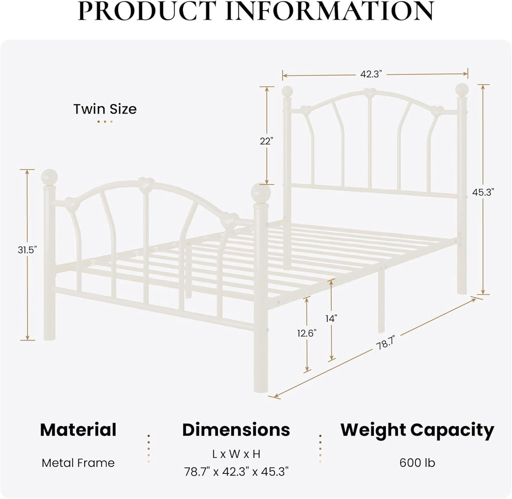 Metal Twin Bed Frame for Kids, Heart-Shaped Design, Cream White | 14 Inch Iron-Art Plarform Bed with