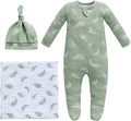 Organic Take Me Home Outfit Set, Newborn Baby Boy Girl Footed Pajama Hat and Muslin Blanket Gift Set,3 Pcs