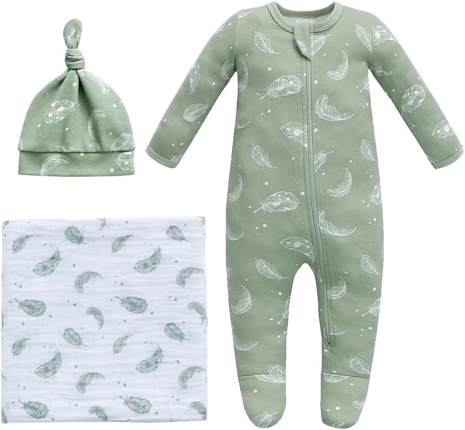 Organic Take Me Home Outfit Set, Newborn Baby Boy Girl Footed Pajama Hat and Muslin Blanket Gift Set,3 Pcs