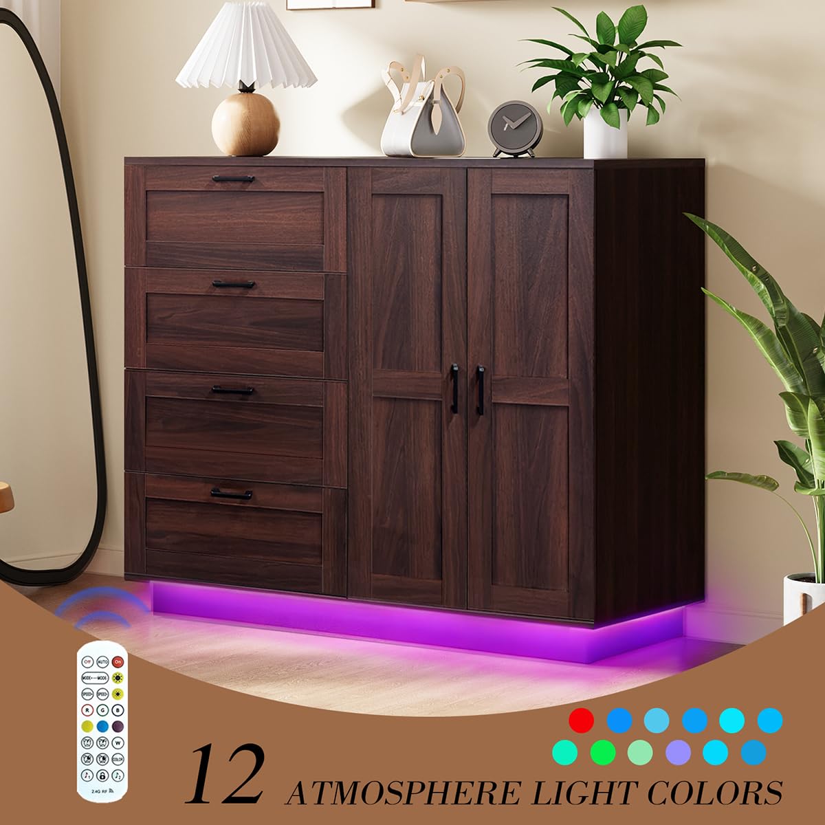 43.3'' H LED Bedroom Armoire with Drawers and 2 Doors, Farmhouse Wooden Armoire and Wardrobe Cabinet, Closet with