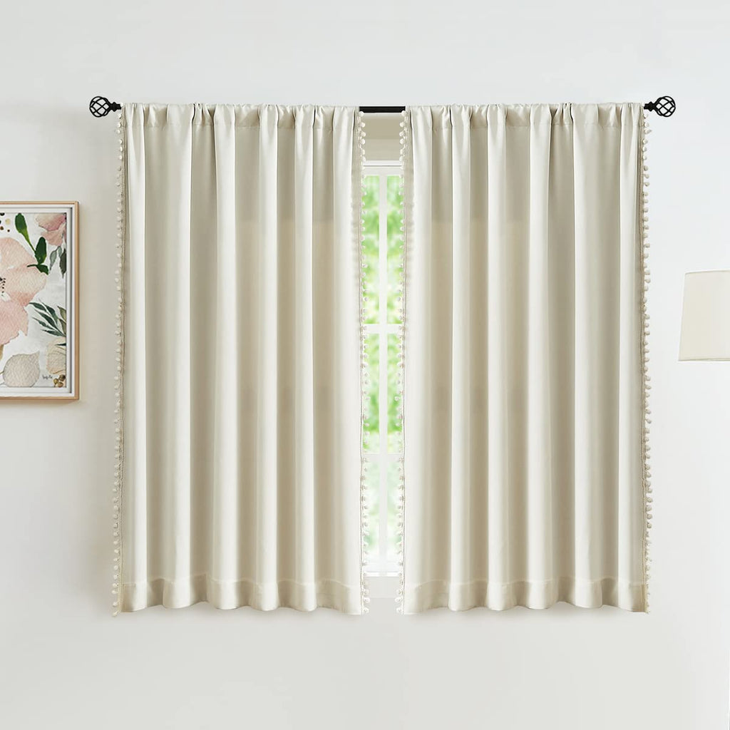 Pom Pom Blackout Curtains Ivory Curtains Room Darkening Curtain Drapes 54" Short Window Curtain Set Bedroom 2 Panels