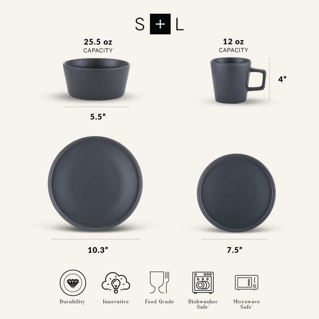 Lain Coupe Stoneware Dinnerware Set, Service for 4, Gray Matte