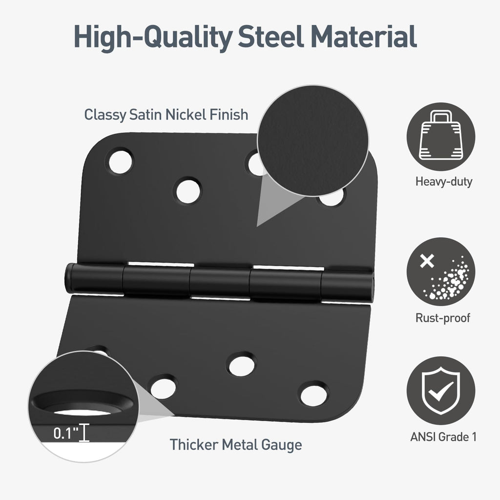 12 Pack 4 Inch Black Exterior Door Hinges, 5/8" Radius Corner