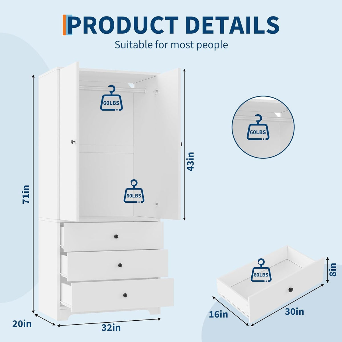 71" Armoire Wardrobe Closet, Bedroom Armoire Clothing Storage Cabinet | 3 Drawers & 2 Doors and Adjustable Shelves