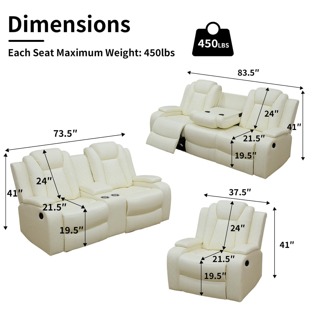 Power Leather Recliner Sofa Set with LED Light