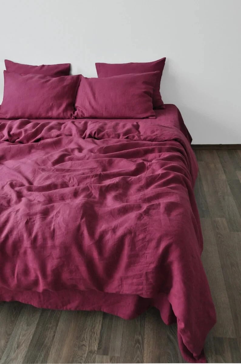 Raspberry Linen Bedding Set 1 Duvet Cover and 2 Pillowcases Softened Linen Comforter Cover Set Quilt Cover Set Hidden