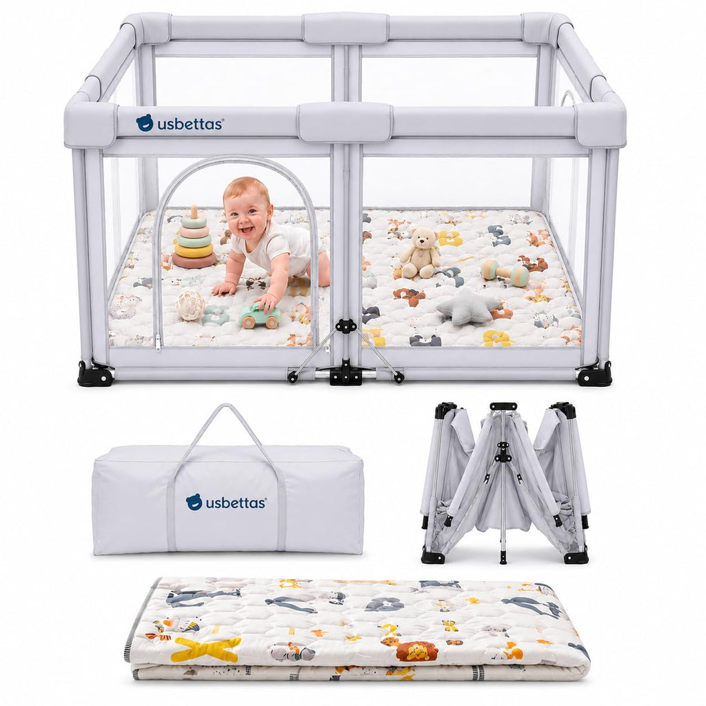 Foldable Baby Playpen with Mat, 50"x50", Light Gray