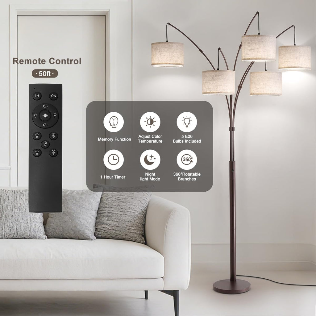 Dimmable Floor Lamp - Arc Floor Lamps, 4000LM Super Bright Modern Tall Standing Lamp with Black Shades & Heavy Base