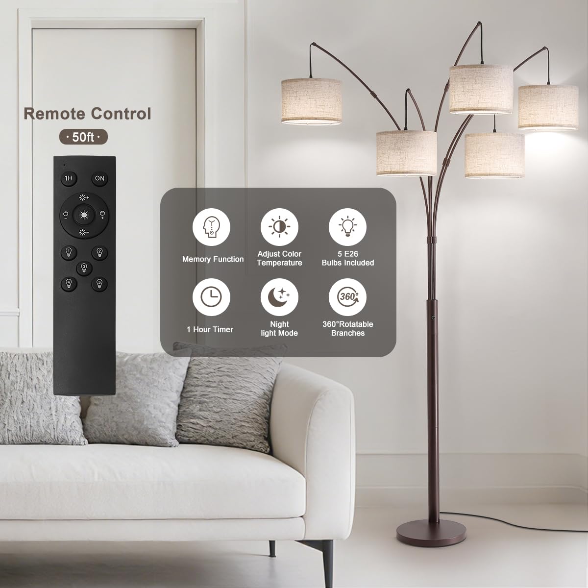 Dimmable Floor Lamp - Arc Floor Lamps, 4000LM Super Bright Modern Tall Standing Lamp with Black Shades & Heavy Base