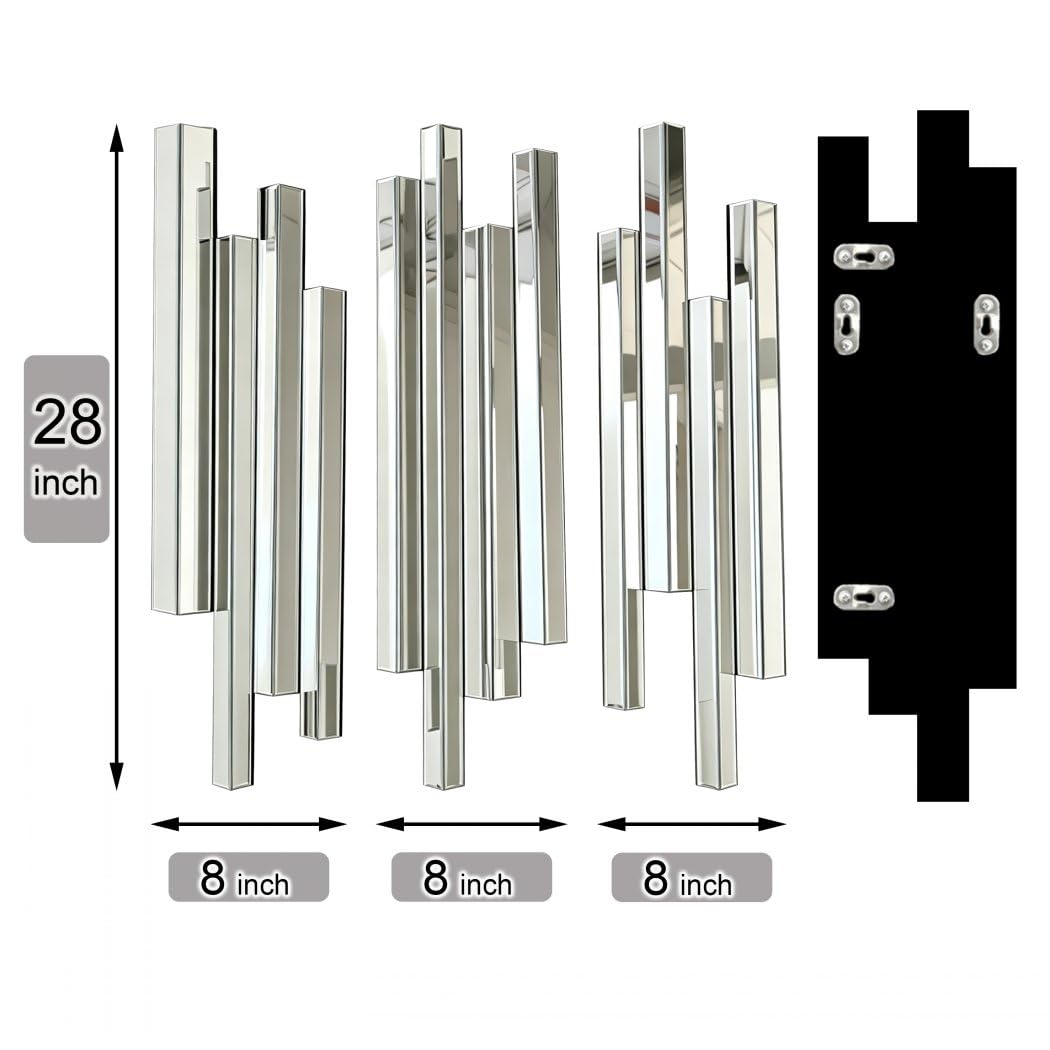Modern 3 Pack 28x8 Staggered 3D Silver Mirror Wall Set Mirror Decor