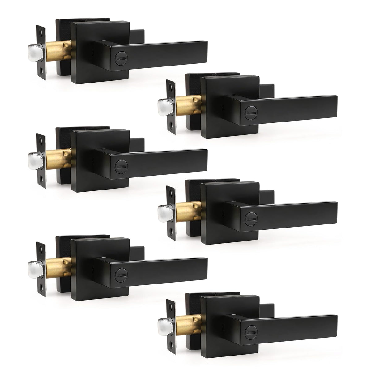 6 Pack Square Privacy Door Levers Locksets in Matte Black Finish, Bed/Bath Door Levers Keyless Interior