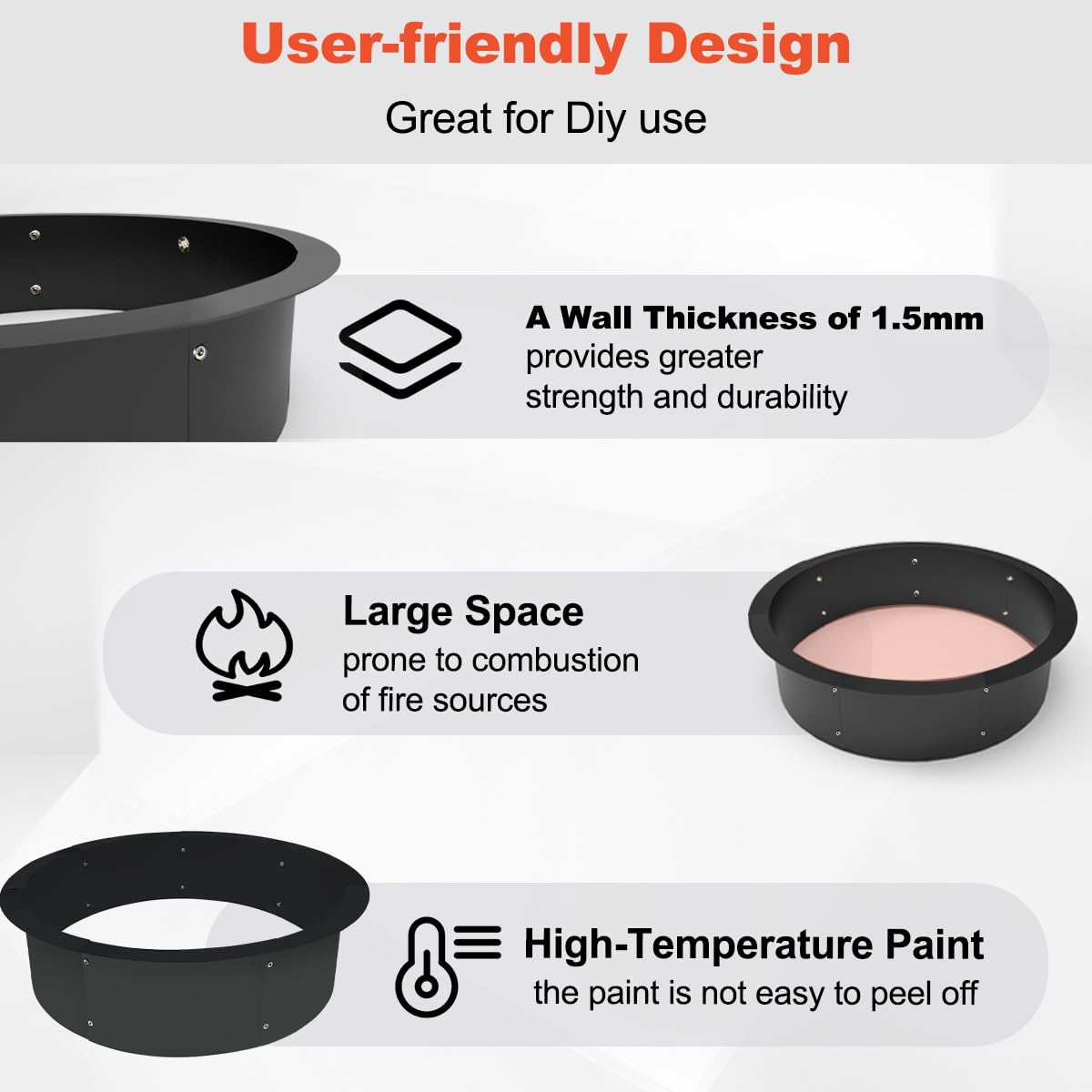 Outdoor Fire Pit Ring Liner 35-Inch Outer/31-Inch Inner Diameter, Heavy Duty Solid Metal Steel Round Firepit Rim