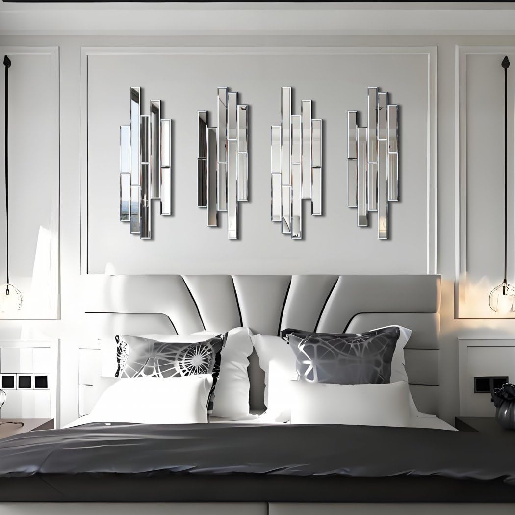 Artisan Set of 4 Silver Beveled Wall Decor Mirrors - 24x8 Inch Each, Creative Combination Design for Modern &